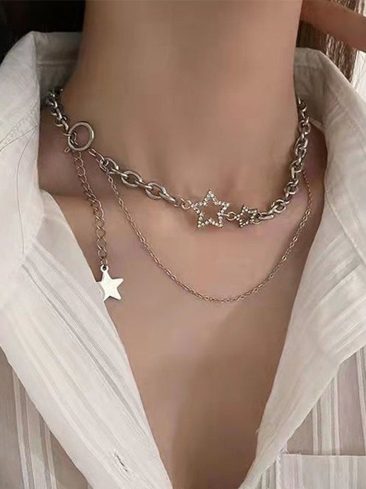 Vintage Silver Rhinestone Star Decor Layered Chain Necklace