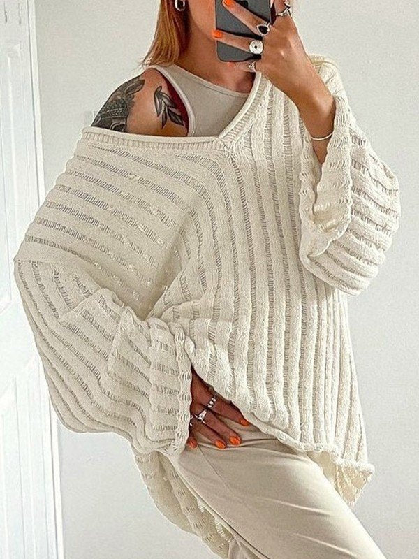 Classic Striped Loose Knit V Neck Pullover Sweater