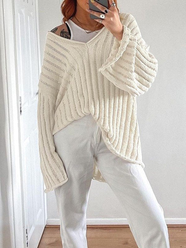 Classic Striped Loose Knit V Neck Pullover Sweater