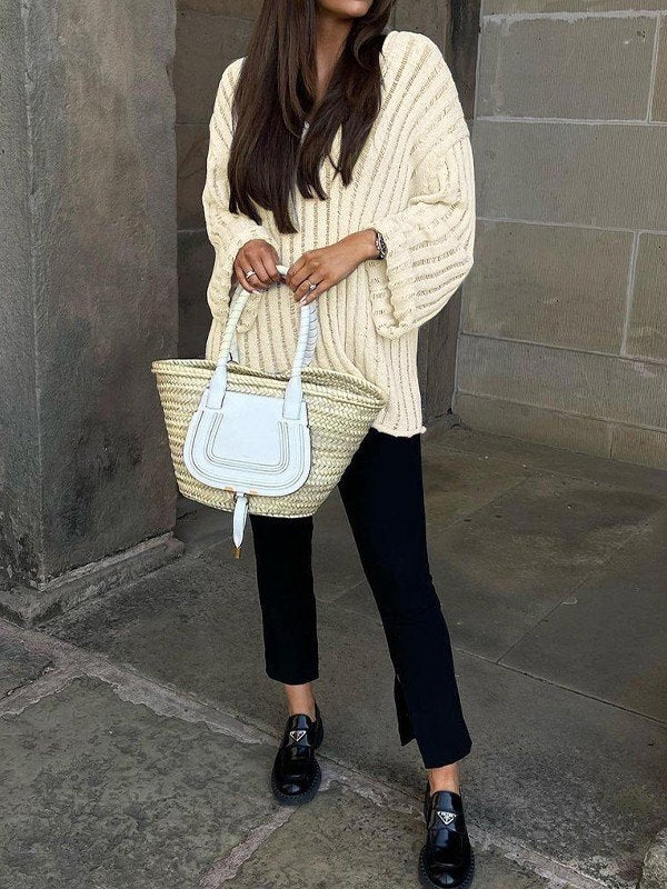 Classic Striped Loose Knit V Neck Pullover Sweater