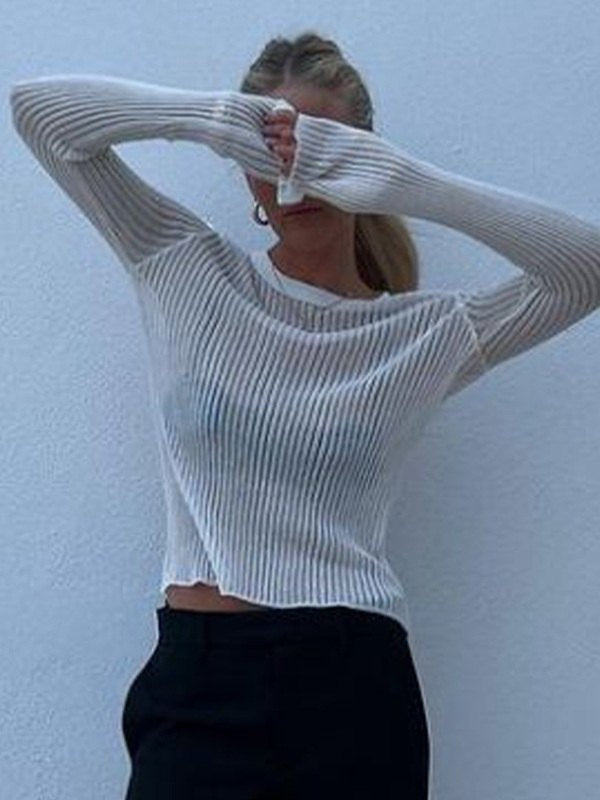 White Y2k Semi Sheer Long Sleeve Rib Knit Top