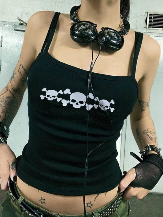 Black Punk Skull Print Cropped Cami Top
