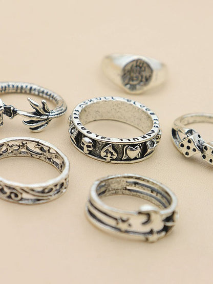 6pcs Silver Punk Skull Ring