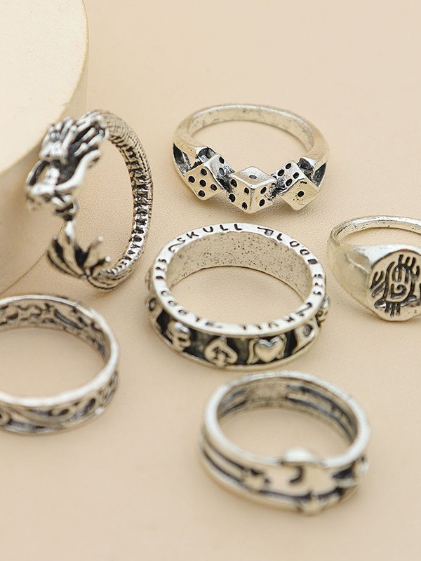 6pcs Silver Punk Skull Ring