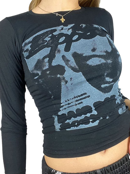 Zwart hiphop T-shirt met lange mouwen en pixelgezichtprint