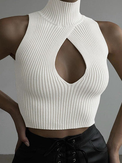 Solid Color Y2k Cutout Turtleneck Ribbed Knit Cropped Tank Top