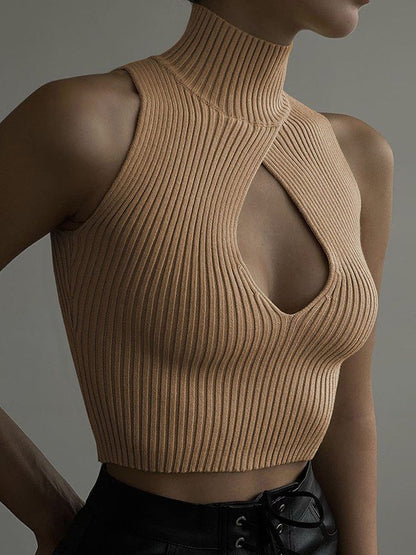 Solid Color Y2k Cutout Turtleneck Ribbed Knit Cropped Tank Top