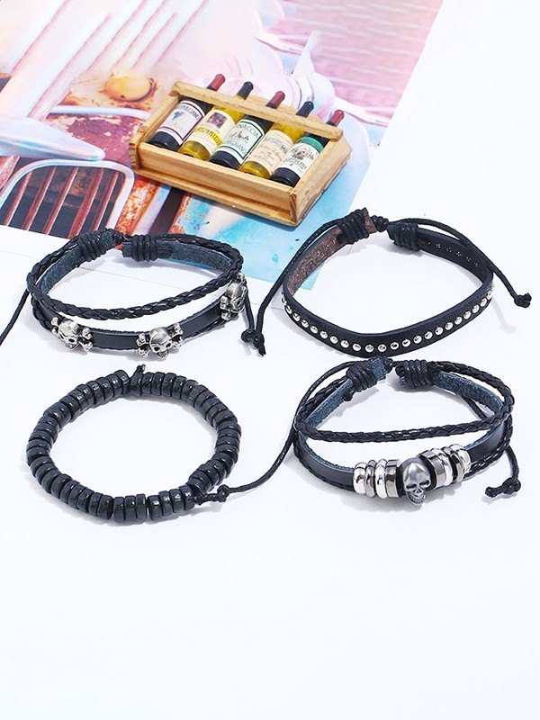 Ensemble de bracelets en cuir Pu Punk 4 pièces avec crâne