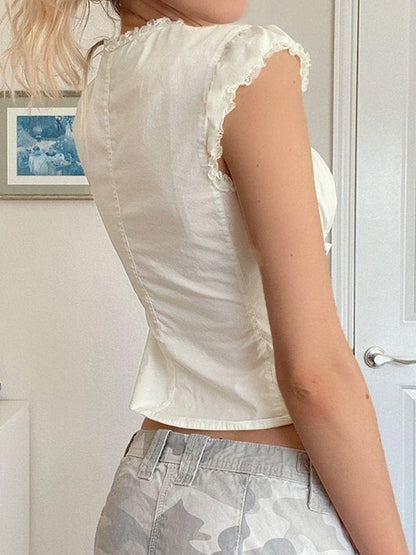 Witte vintage riem slanke blouse met korte mouwen