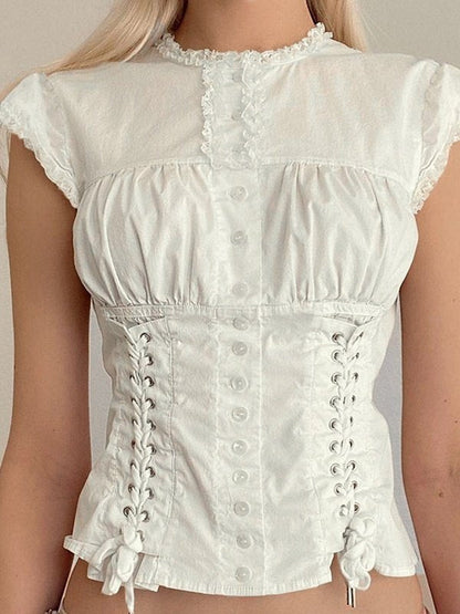 Witte vintage riem slanke blouse met korte mouwen