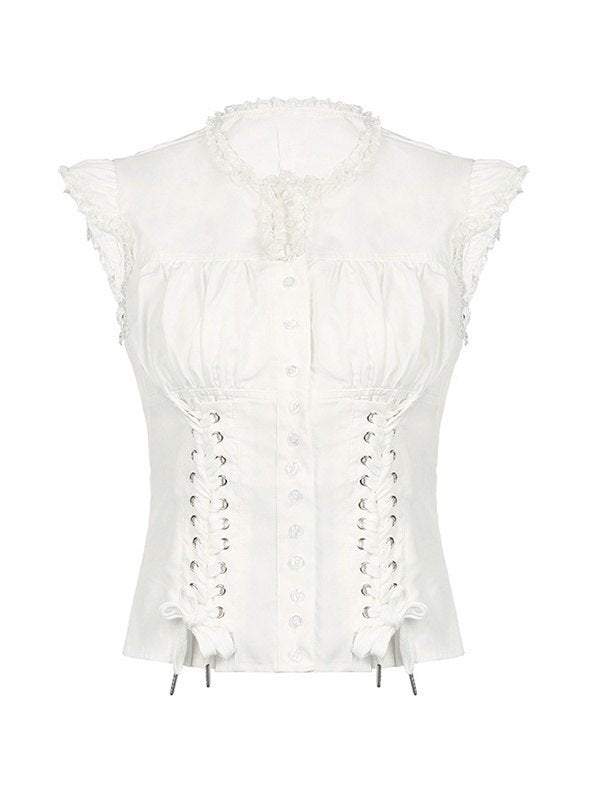 Witte vintage riem slanke blouse met korte mouwen