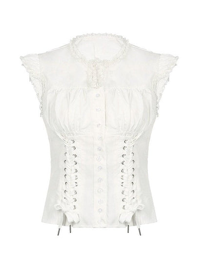 Witte vintage riem slanke blouse met korte mouwen