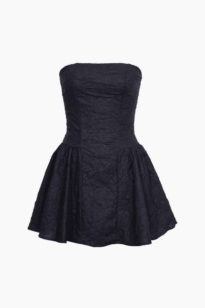 Mini-robe bustier ajustée en jacquard vintage noire avec ourlet à volants