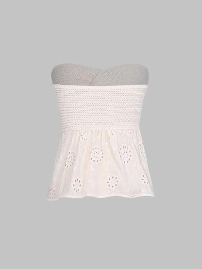 Haut tube brodé en tricot blanc avec nœud vintage sur le devant