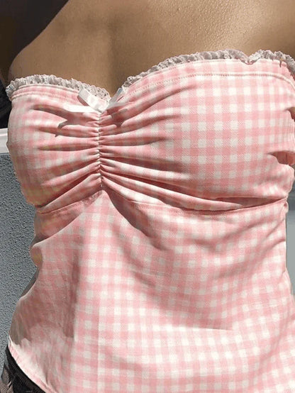 Haut bandeau à carreaux doux avec bordure en dentelle