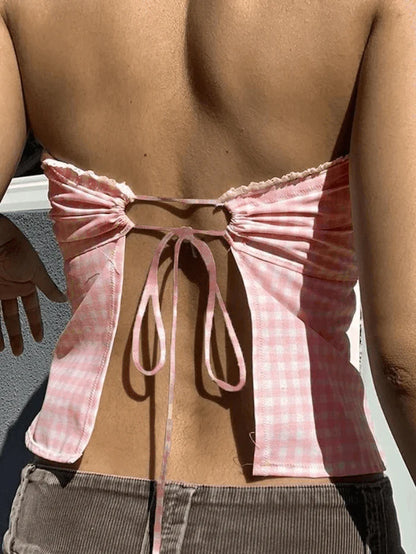 Haut bandeau à carreaux doux avec bordure en dentelle