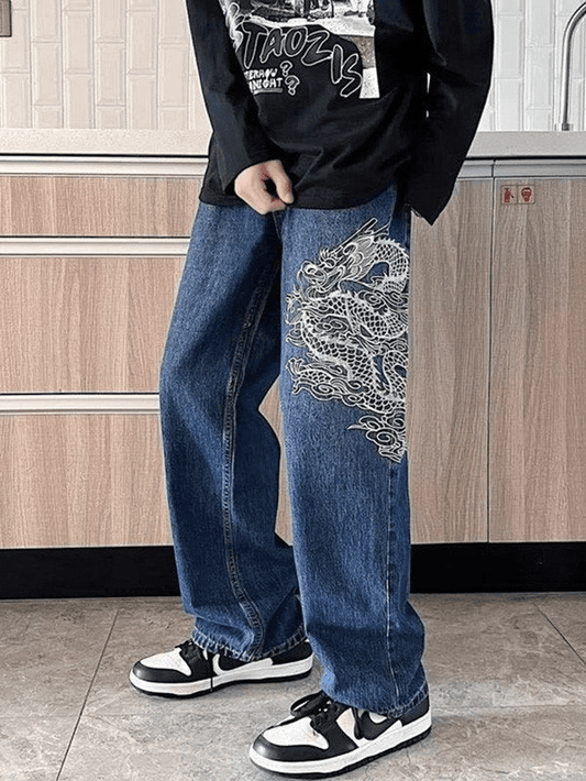 Men's Blue Dragon Embroidered Straight Leg Jeans