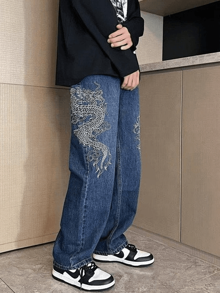 Men's Blue Dragon Embroidered Straight Leg Jeans