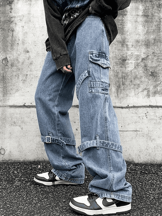 Jean cargo bleu pour homme avec détails à lanières Hip Pop