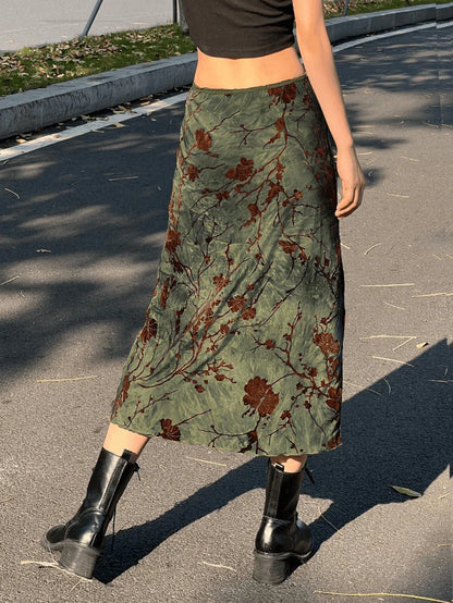 Vintage Mesh Lining Midi Skirt with Floral