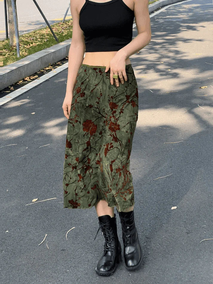 Vintage Mesh Lining Midi Skirt with Floral