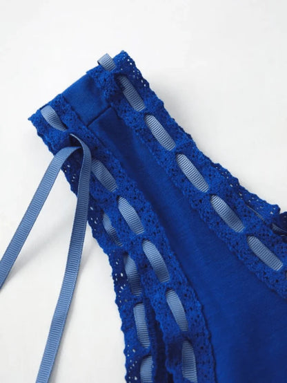 Blue Vintage Neckline Lace Stitching Cami Top