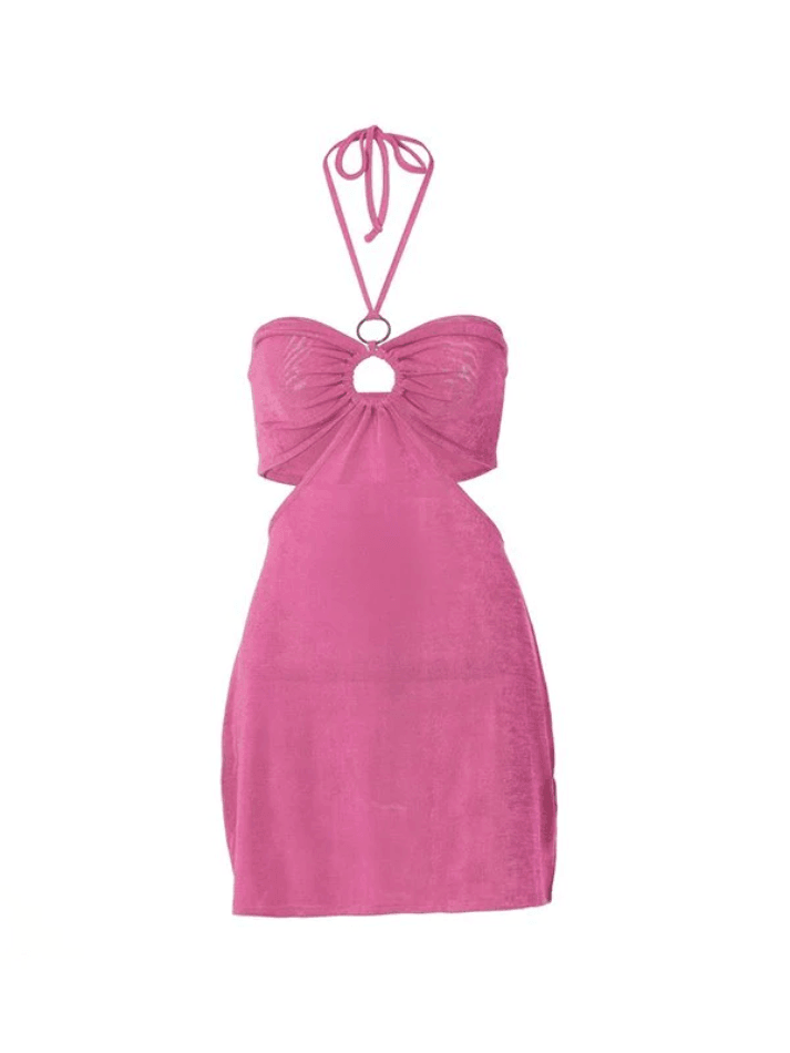 Pink Vintage O Ring Cutout Halter Mini Dress