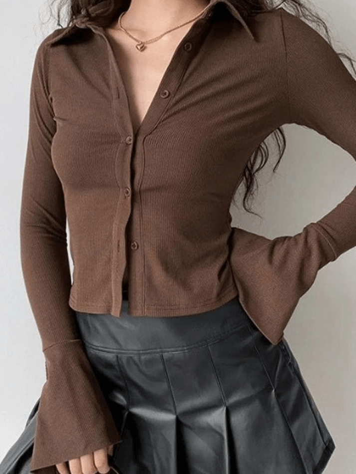 Solid Color Vintage Polo Neck Long Sleeve Rib Blouse
