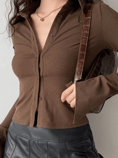 Solid Color Vintage Polo Neck Long Sleeve Rib Blouse