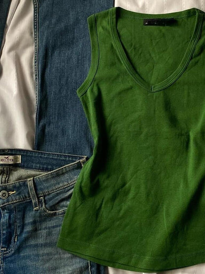 Groene Vintage V-hals Mouwloos Tanktopje