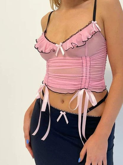 Pink Y2K Drawstring Tie Up Bow Mesh Cami Top