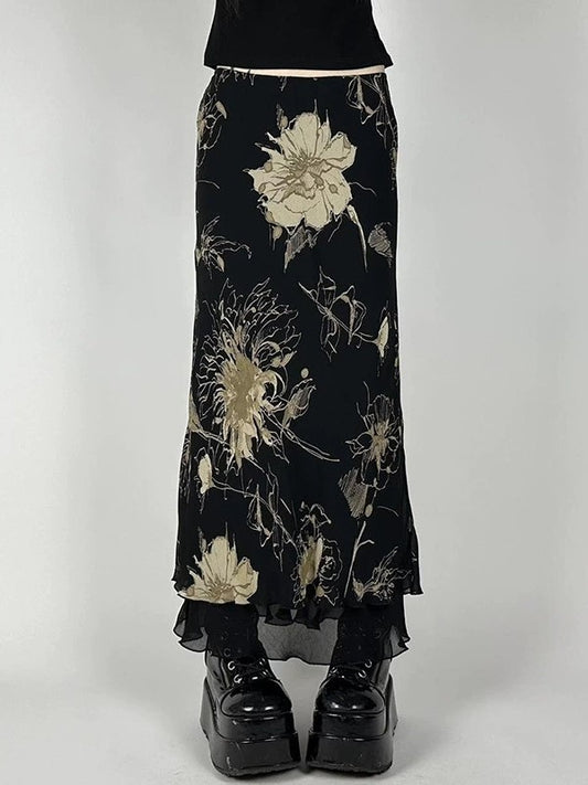 Vintage bloemenprint lage taille maxi rok