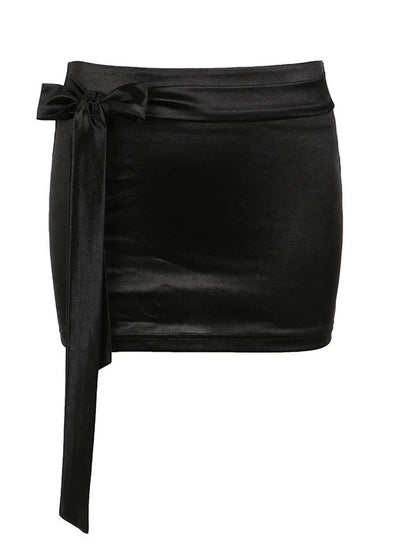 Black Sweet Bow Tie Satin Mini Skirt