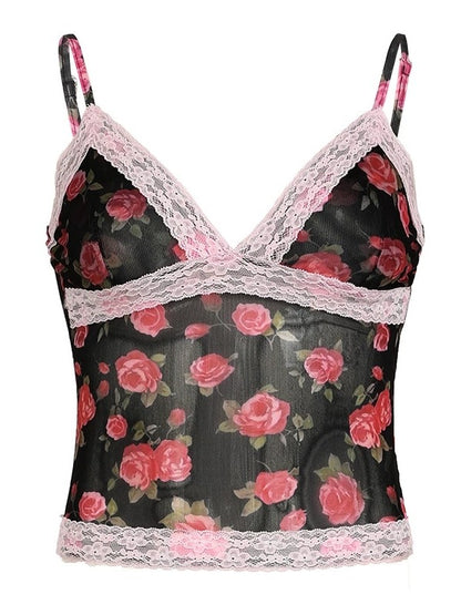 French Rose Print Lace Patchwork Cami Top