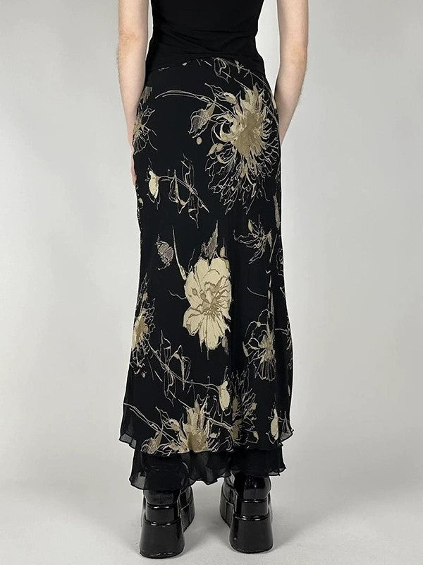 Vintage bloemenprint lage taille maxi rok