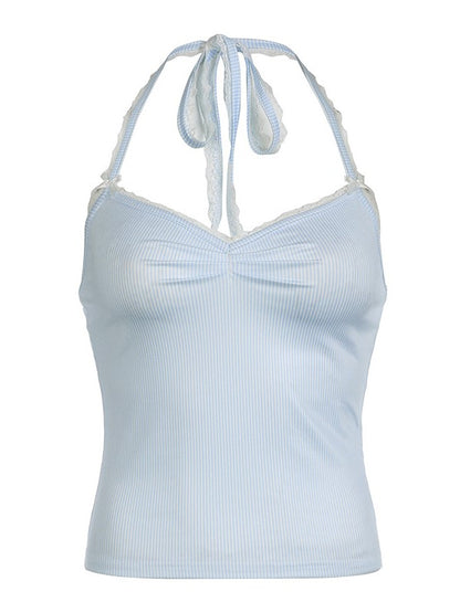 Blue Lace Trimmed Strap Halter Cami Top