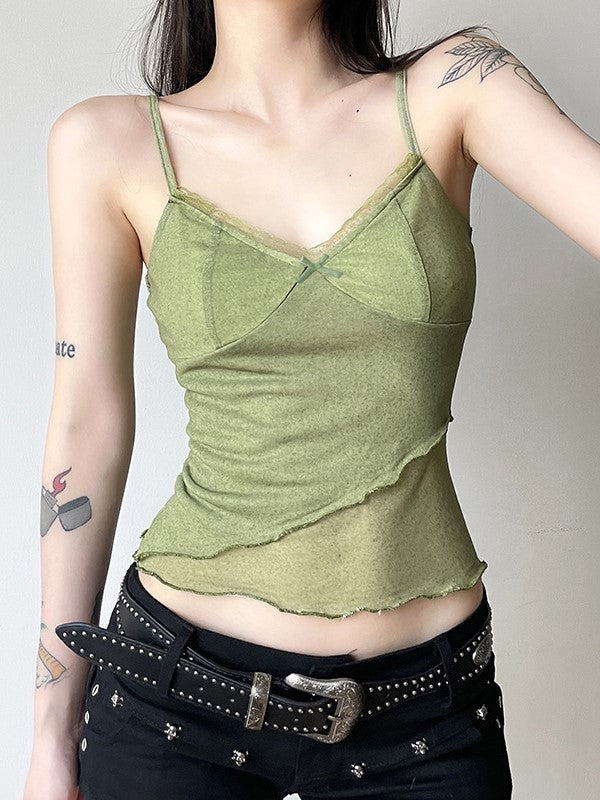 Groene vintage mesh patchwork haltertop en midi-rok