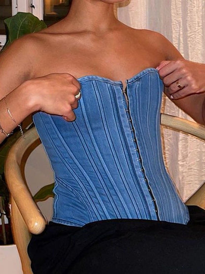 Haut corset en jean bleu vintage à crochets