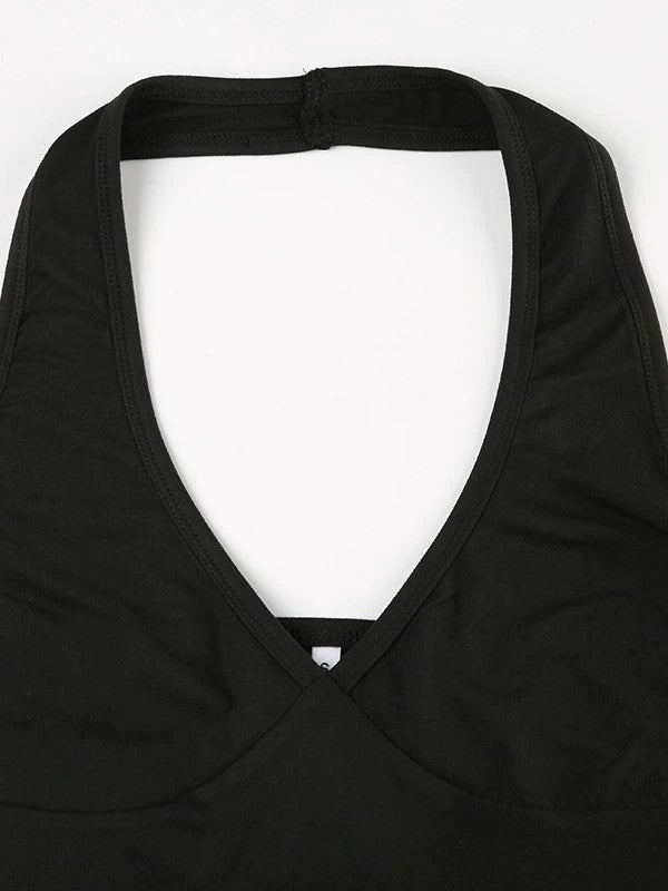 Black Basic Deep V Neck Halter Crop Top