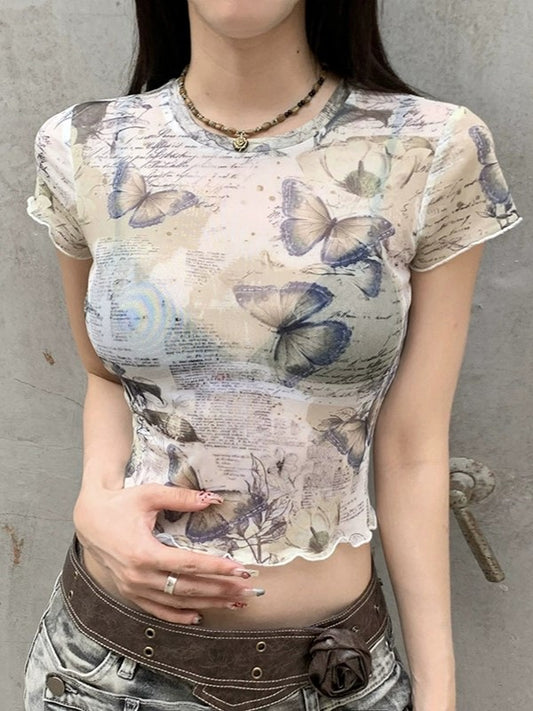 Y2K crop top met mesh en gerolde rand met vlinderprint