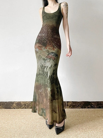 Vintage Botanical Printed Slim Fit Midi Dress