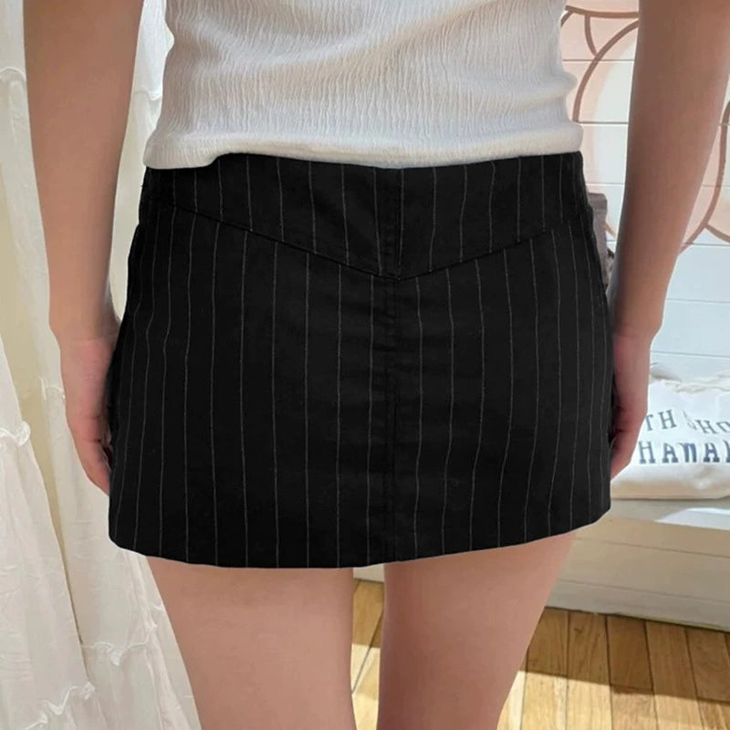 Black Vintage Striped Low Waist Mini Skirt