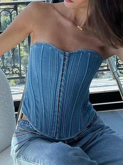 Haut corset en jean bleu vintage à crochets