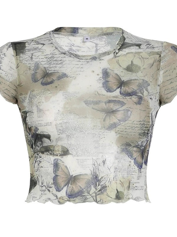 Y2K crop top met mesh en gerolde rand met vlinderprint