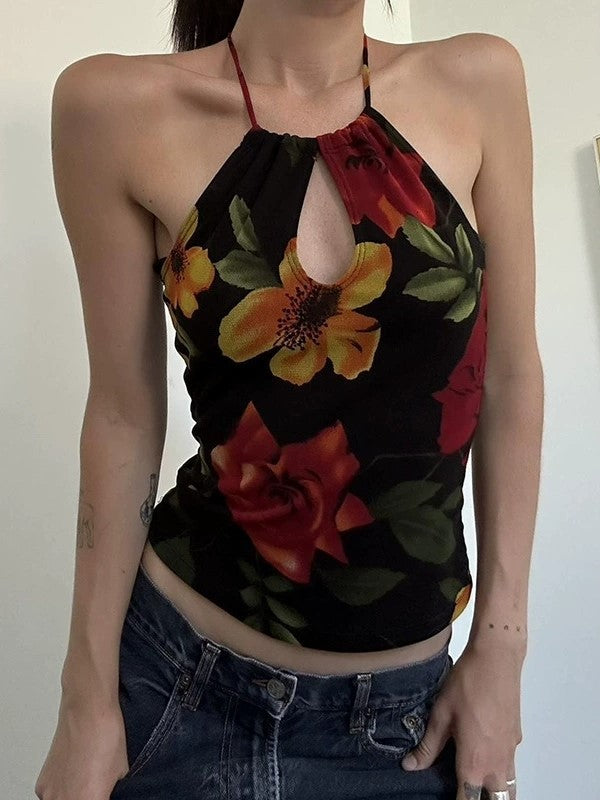 Vintage Floral Print Hollow Out Cami Top