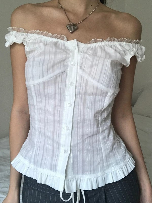 French Lace Trimmed Off Shoulder Button Front Blouse