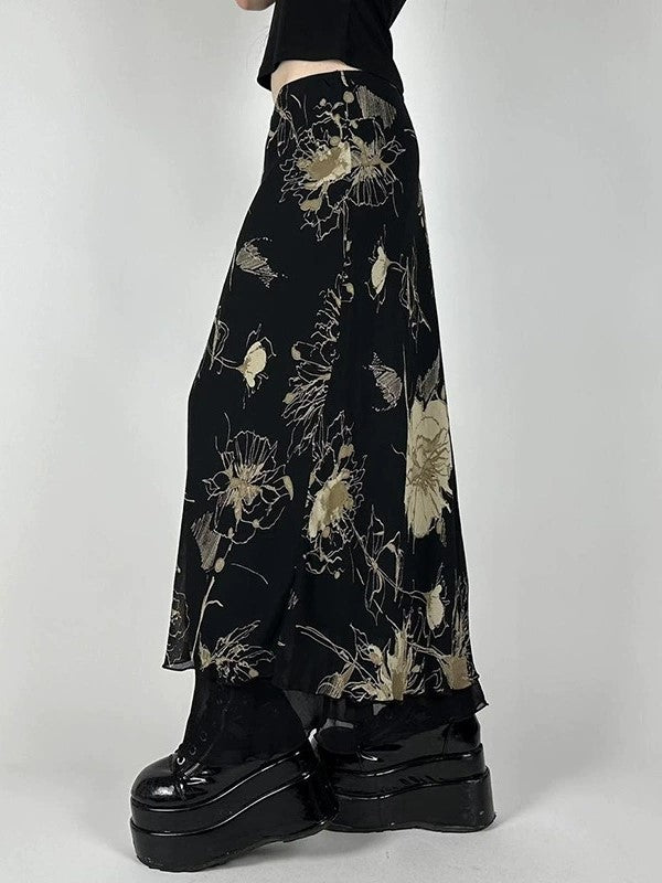 Vintage bloemenprint lage taille maxi rok