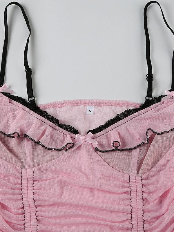 Pink Y2K Drawstring Tie Up Bow Mesh Cami Top