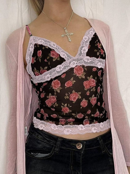 French Rose Print Lace Patchwork Cami Top