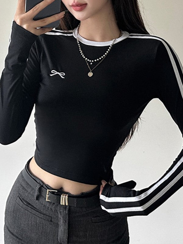 Contrast Y2K Bow Embroidery Slim Long Sleeve Top